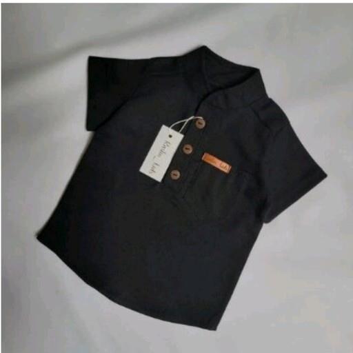 پیراهن مشکی محرم پسرانه یقه دیپلمات یقه دکمه دار  نخ کنفی تابستانه سایز  3سال مناسب ایام عزاداری تنخور شیک